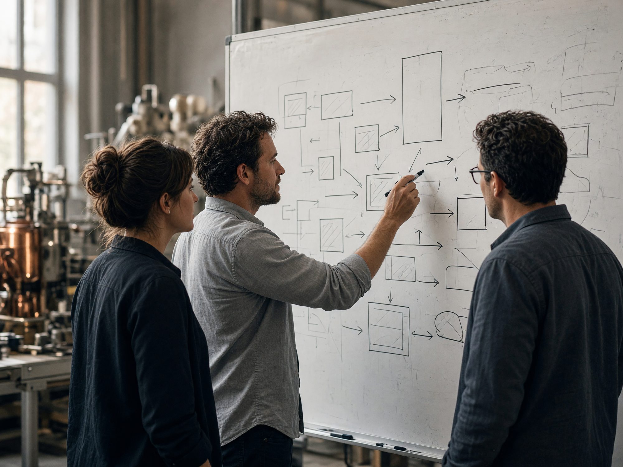 A team working through a plan at a whiteboard