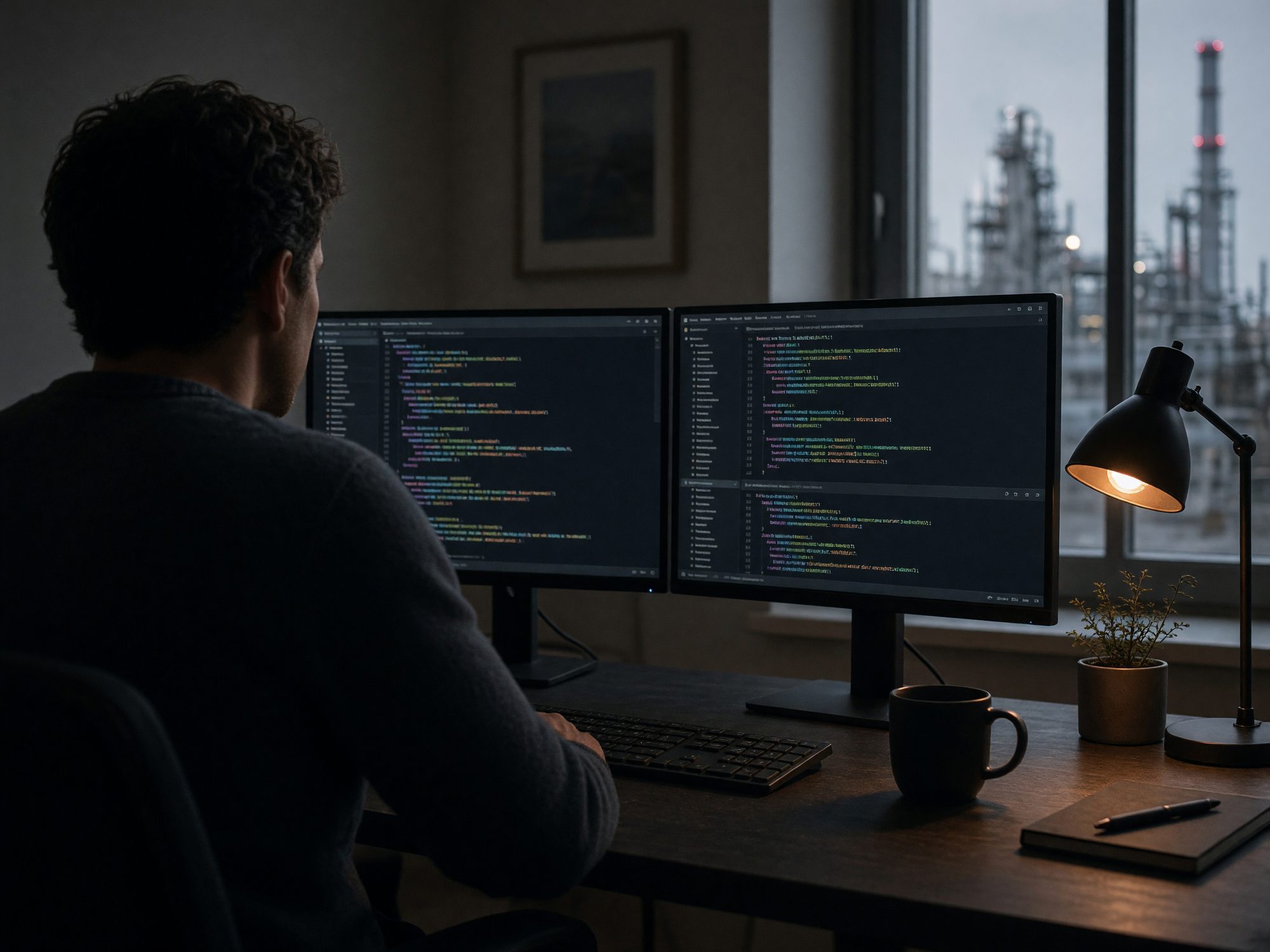 An engineer at two monitors of code