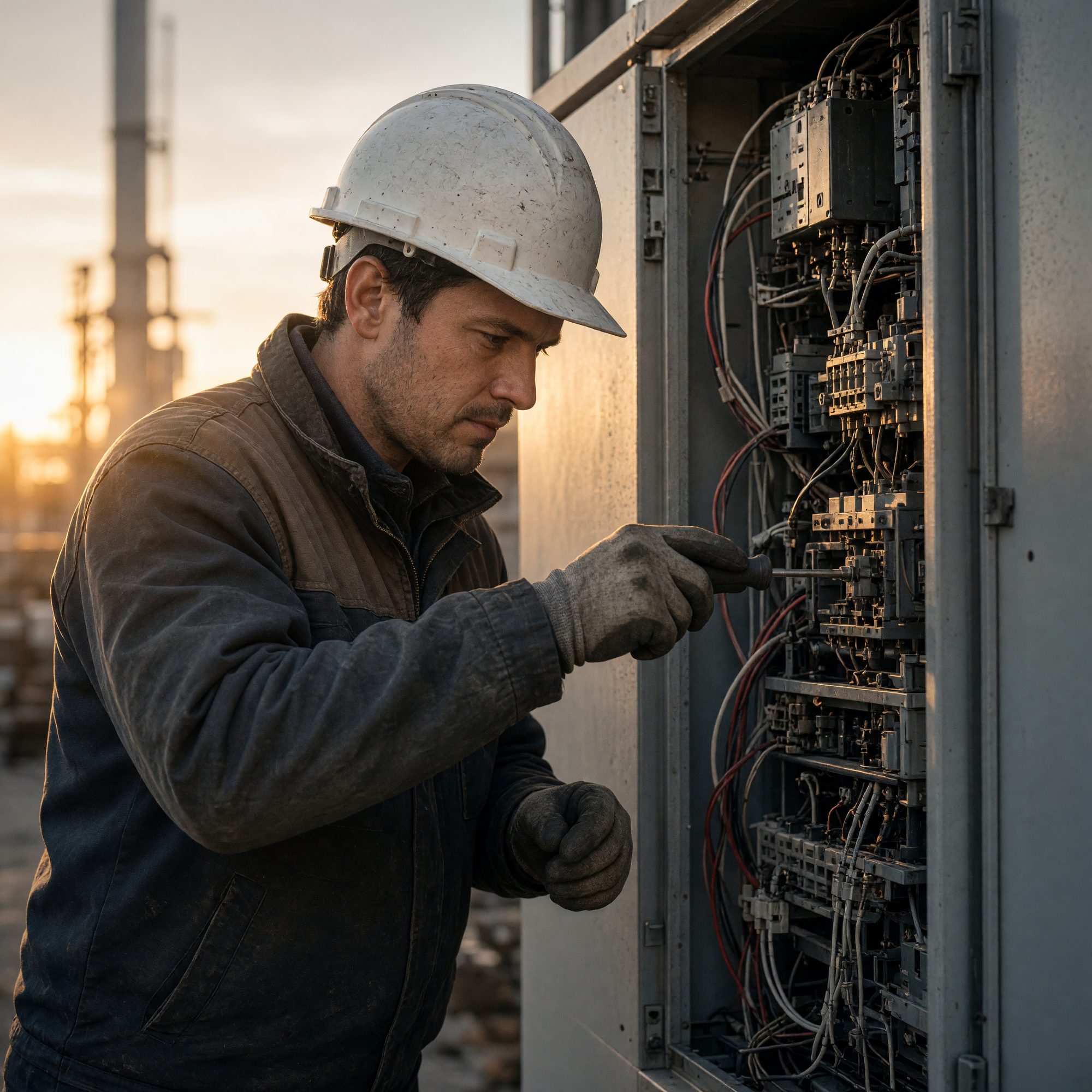 A technician servicing equipment at sunset
