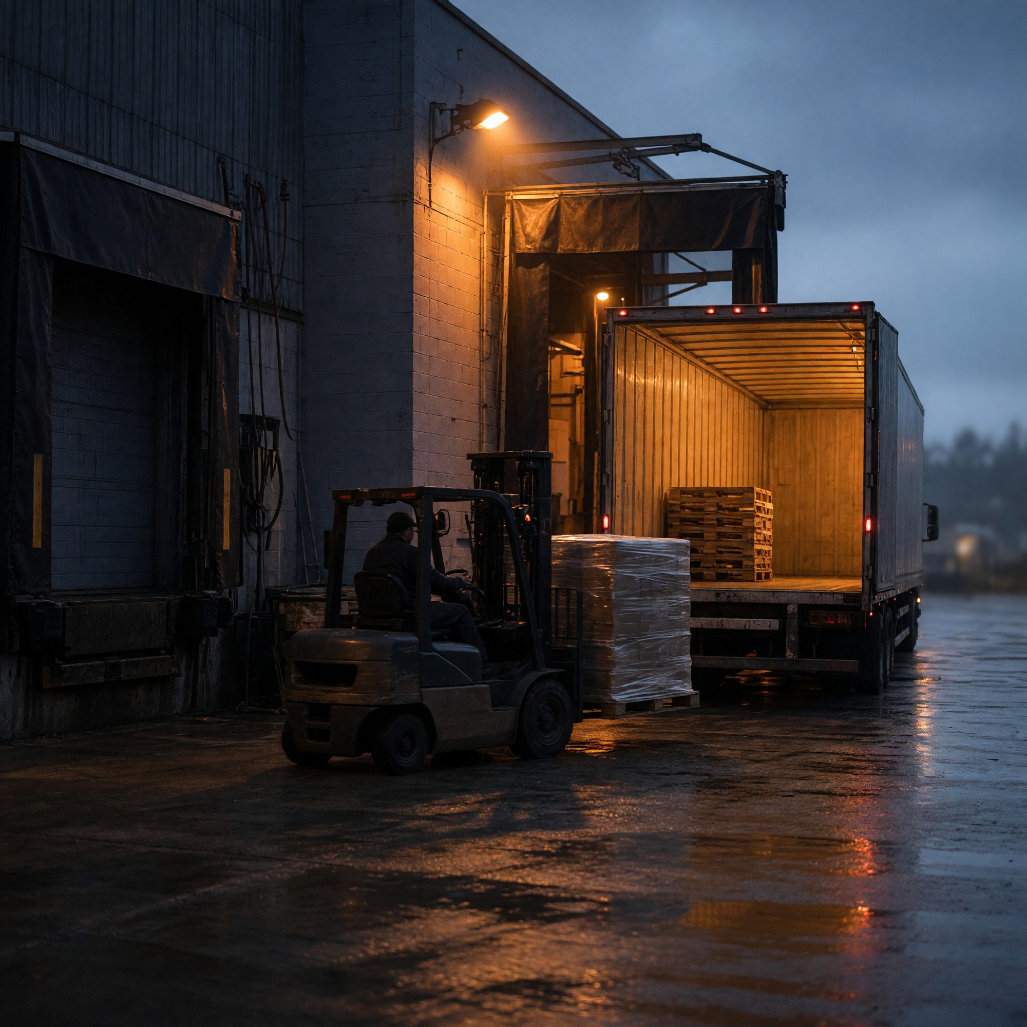 A forklift loading a trailer at dusk