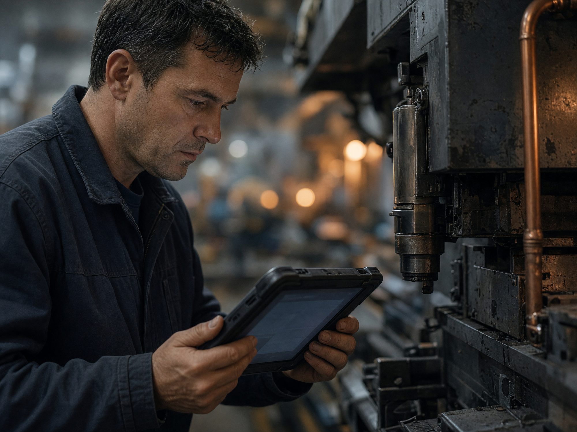 A worker checking a rugged tablet beside a machine