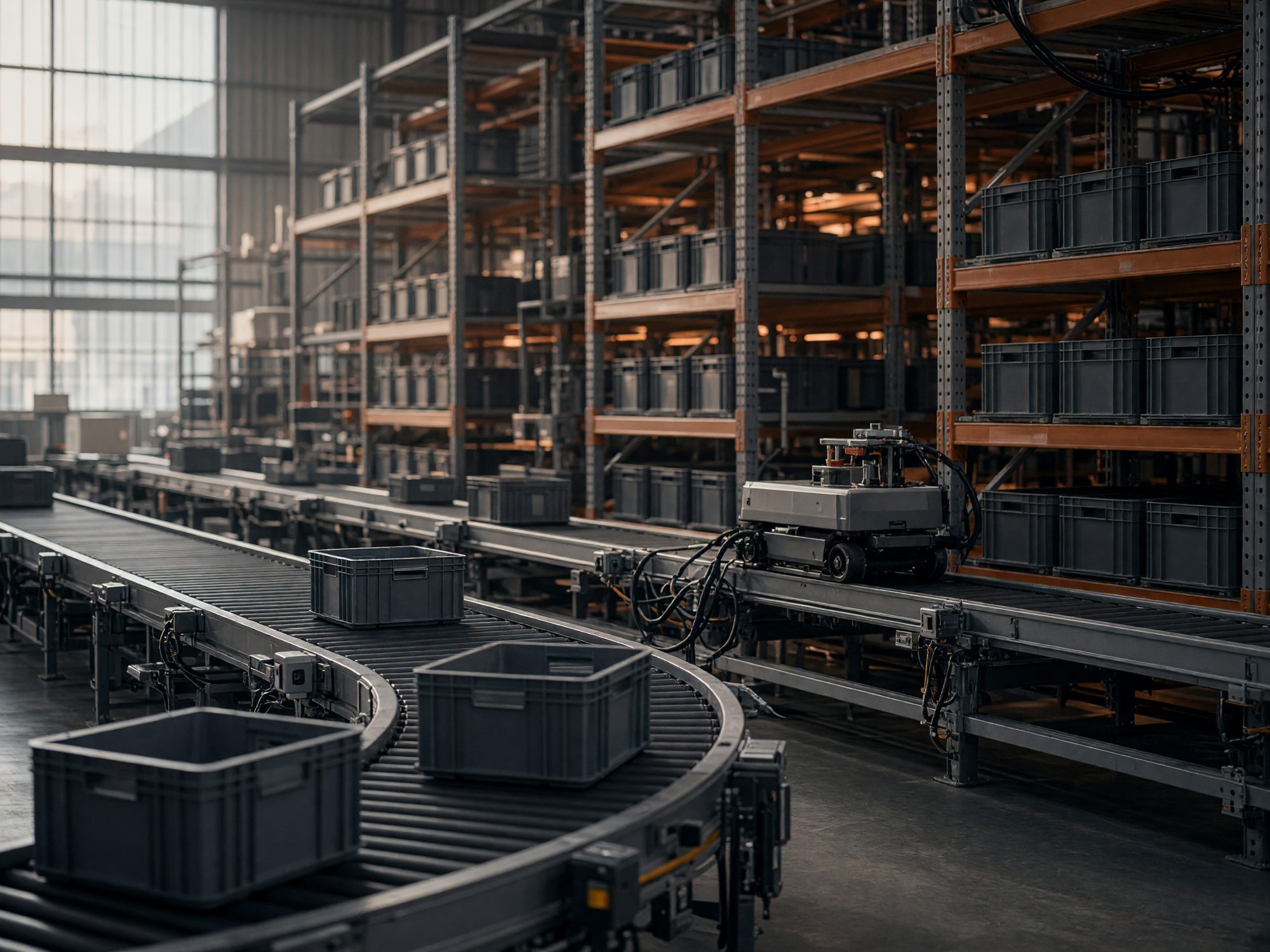 An automated warehouse: conveyors, totes and a shuttle working together