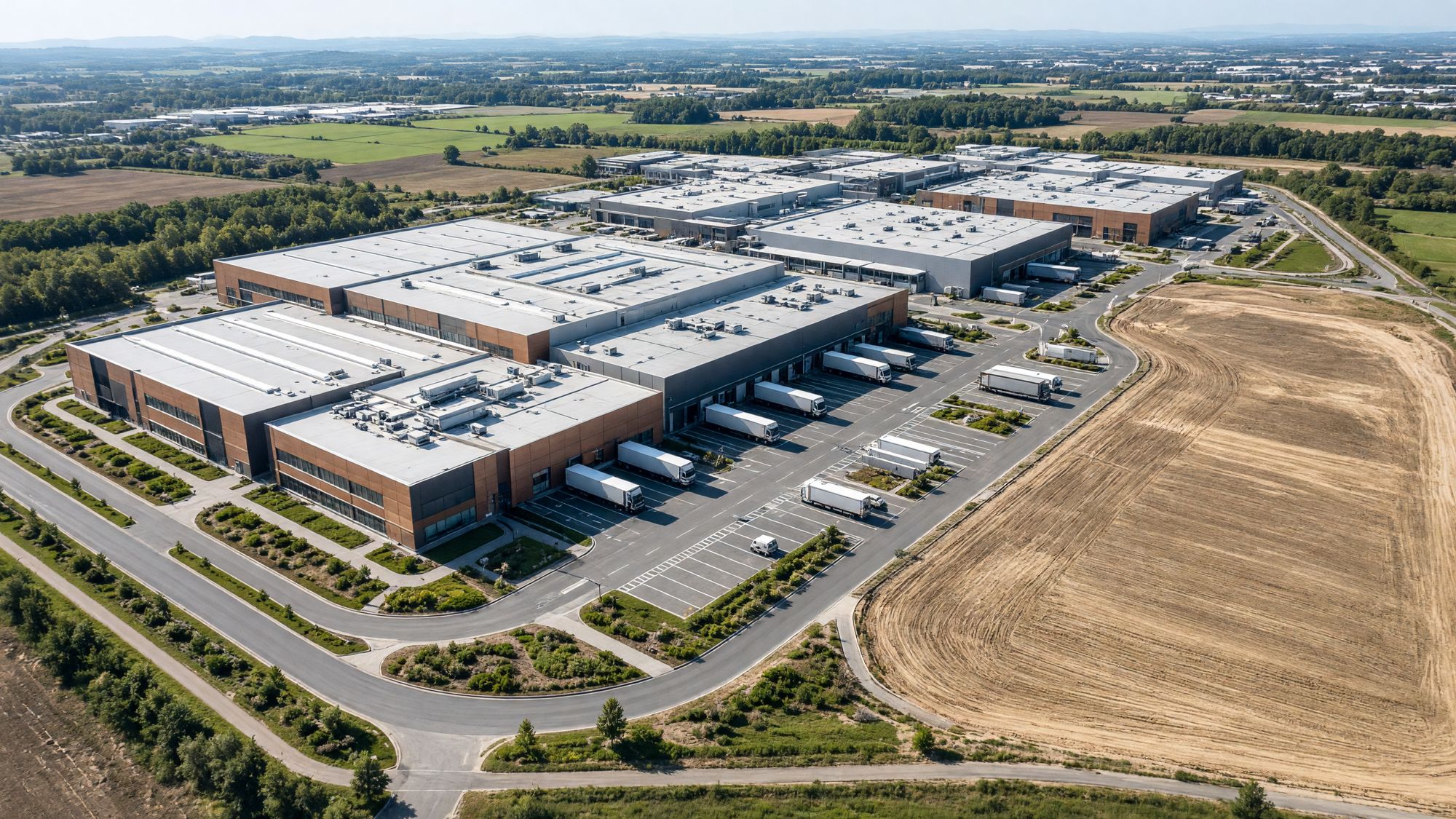 An industrial campus from the air, with room to expand