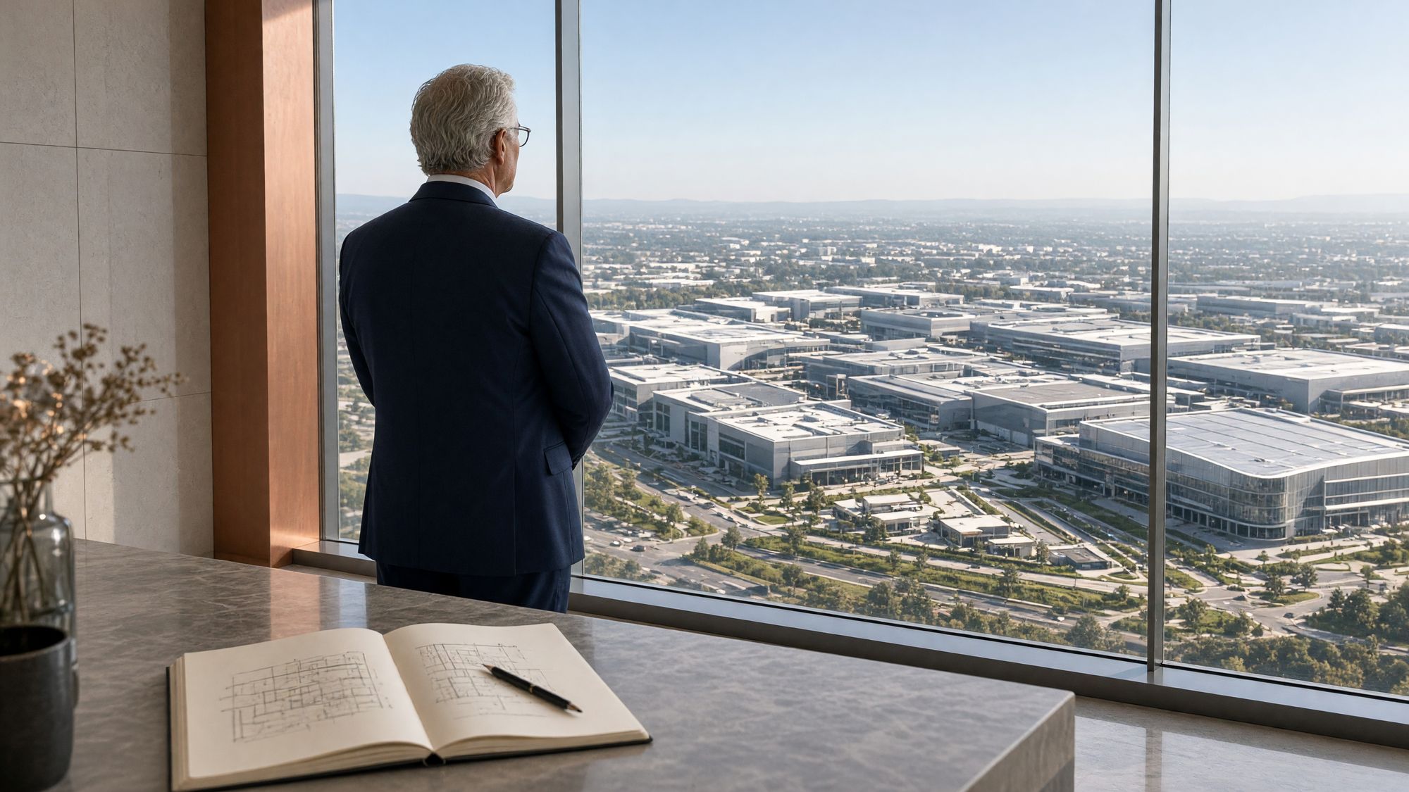 A leader at an office window overlooking the operation they planned