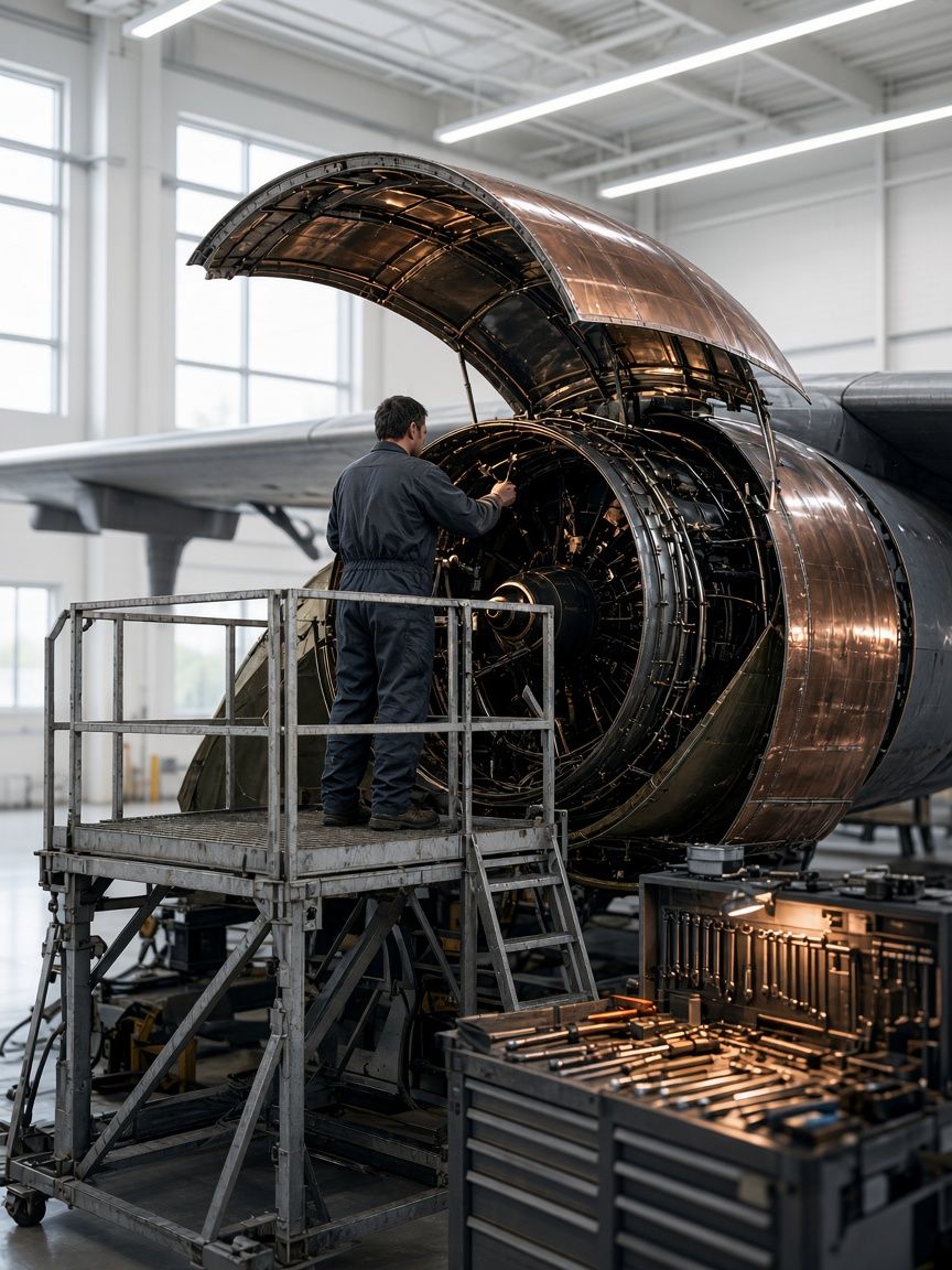 A jet engine under maintenance in a bright hangar