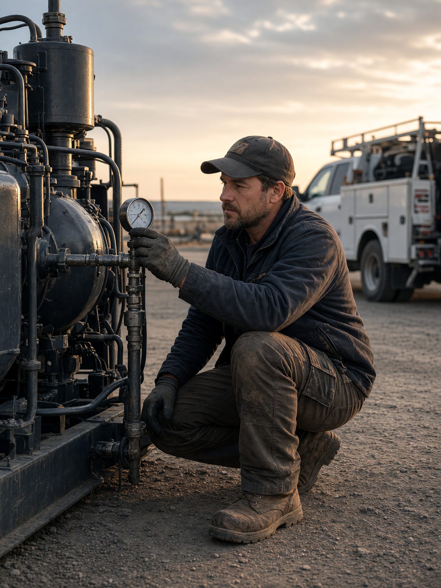 A field technician checking equipment at golden hour
