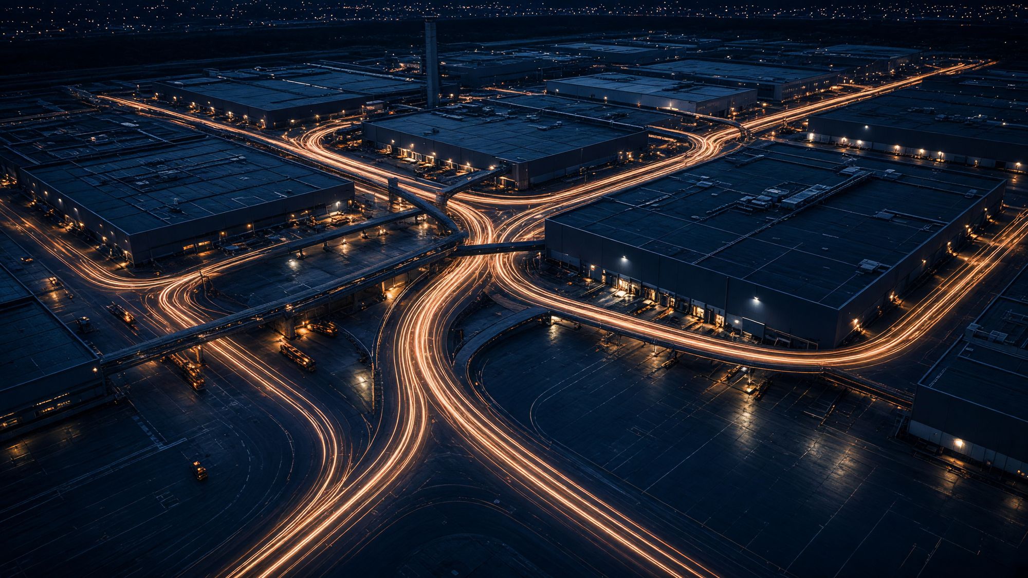 An industrial campus at night with copper light trails of moving work