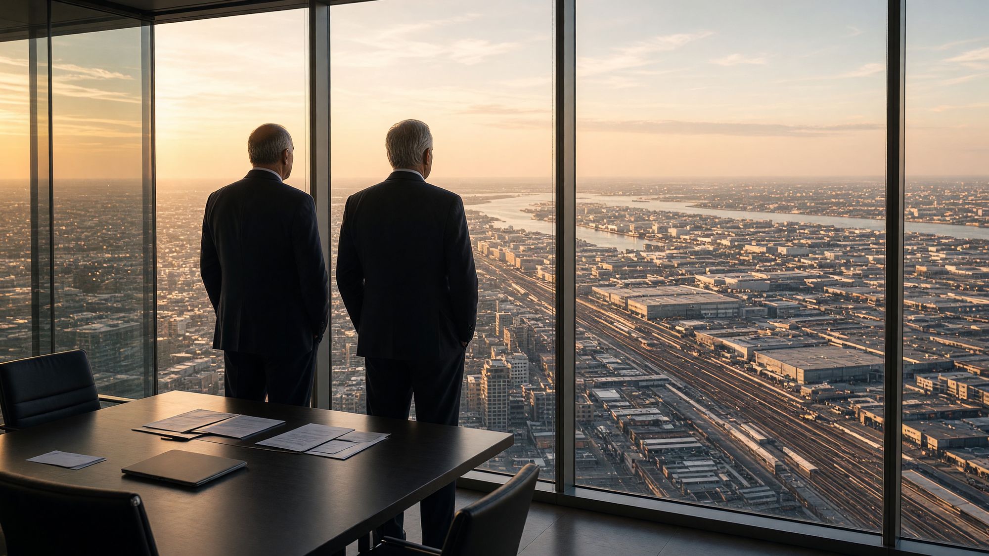 Two leaders in a high boardroom looking out over a long horizon